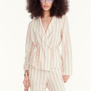NEW J Crew Cream Striped Collar Neck Oversized Tie Waist Wrap Top Size Large